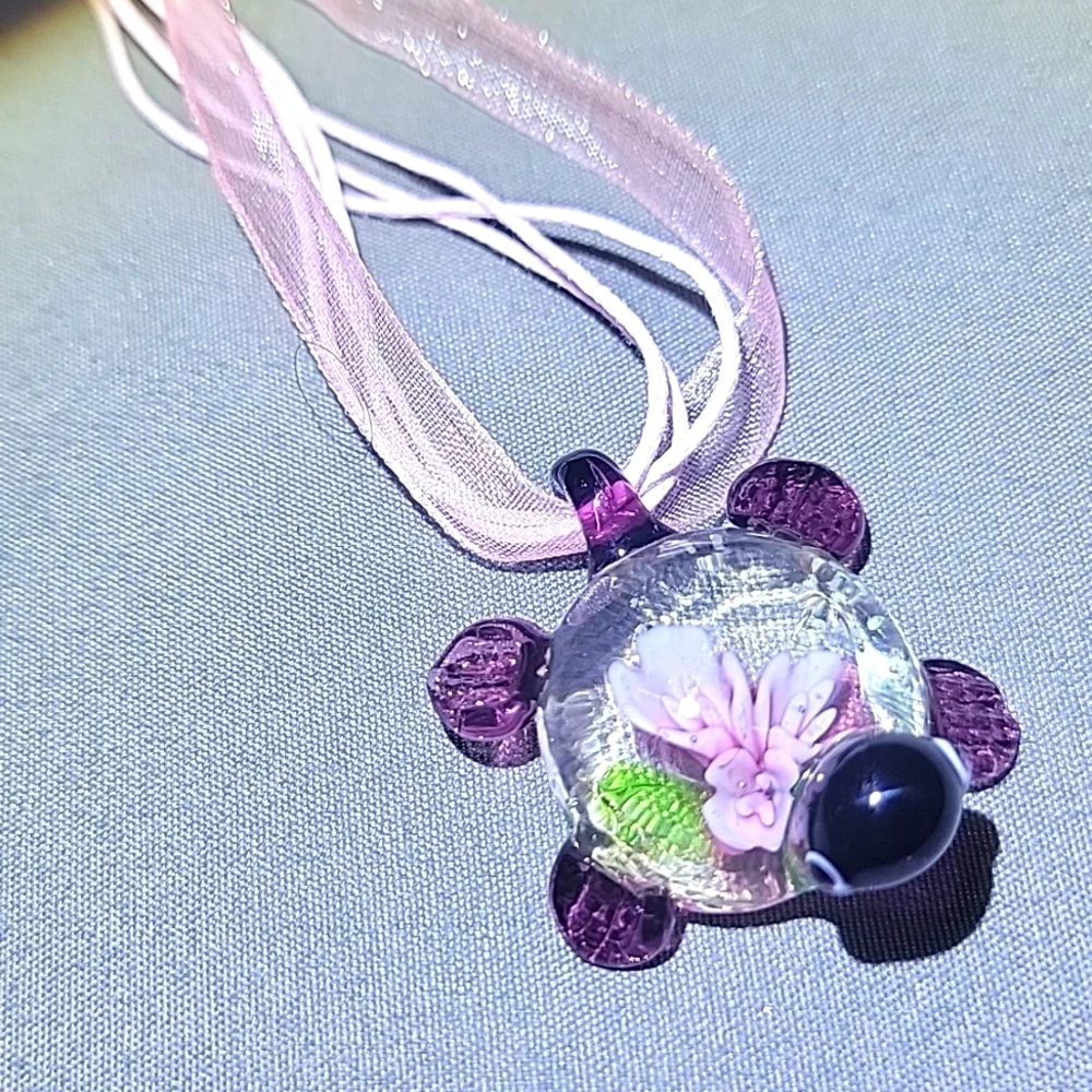NEW Handcrafted Blown Art Glass Purple Turtle Charm Pendant Luminescent Specks